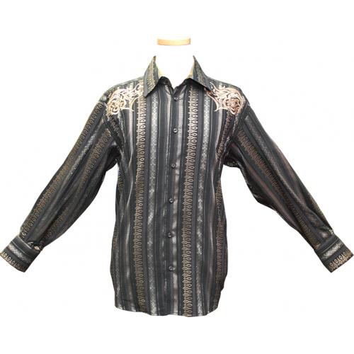 Pronti Black With Tan Embroidered Front / Back Cotton Blend Shirt S5799